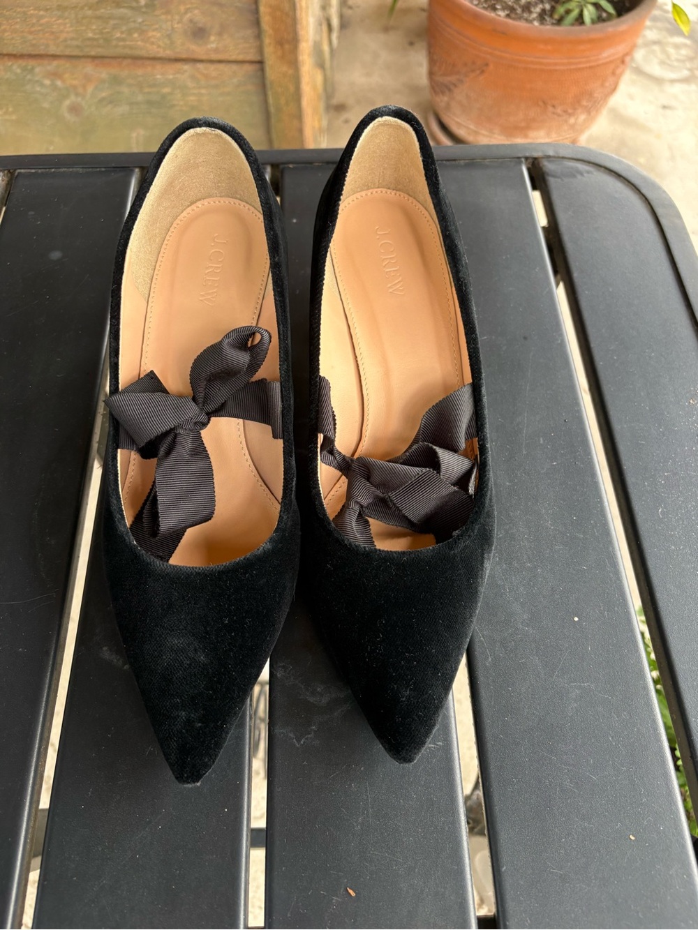J. Crew Black Velvet Pointed Toe Heels with Ribbon Tie